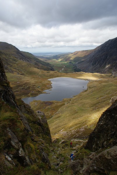 Lower slopes of Tryfan, Snowdonia looking back on the Nant Ffrancon Pass